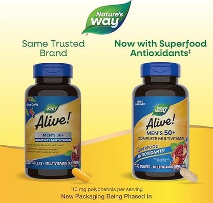 Nature’s Way Alive! Men’s 50+ Complete Multivitamin, Supports Multiple Body Systems*, Supports Cellular Energy*, High Potency B-Vitamins, Gluten-Free, 130 Tablets