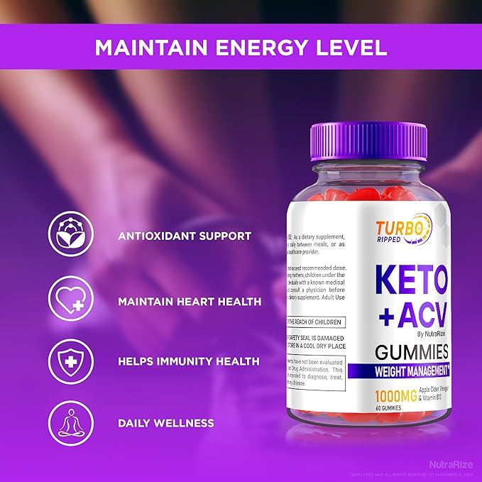 Turbo Ripped Keto ACV Gummies, Official TurboRipped Keto Gummies, Apple Cider Vinegar Supplement, All Natural Keto+ACV, Premium Keto Plus ACV Gummy, Gomitas Reviews (60 Gummies)