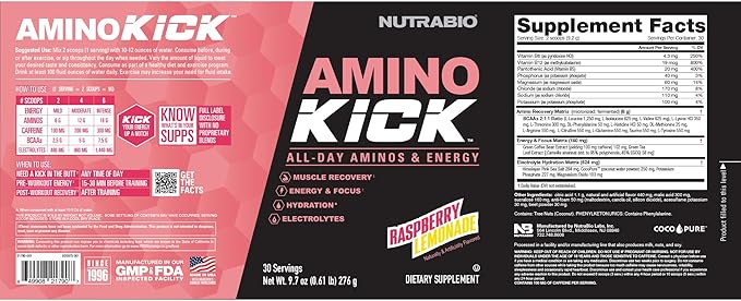 NutraBio Amino Kick - Amino Acid Energy Formula - BCAA's, Electrolytes for Hydration, Natural Caffeine 30 Servings (Raspberry Lemonade)