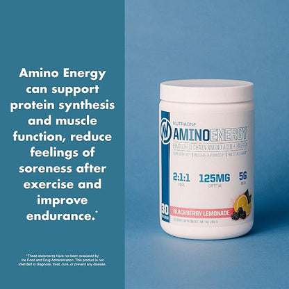 NutraOne Amino Energy BCAA Powder Pre-Workout Supplement with Caffeine Branched Chain Amino Acids to Help Fuel and Recover* (BlackBerry Lemonade - 30 Servings)