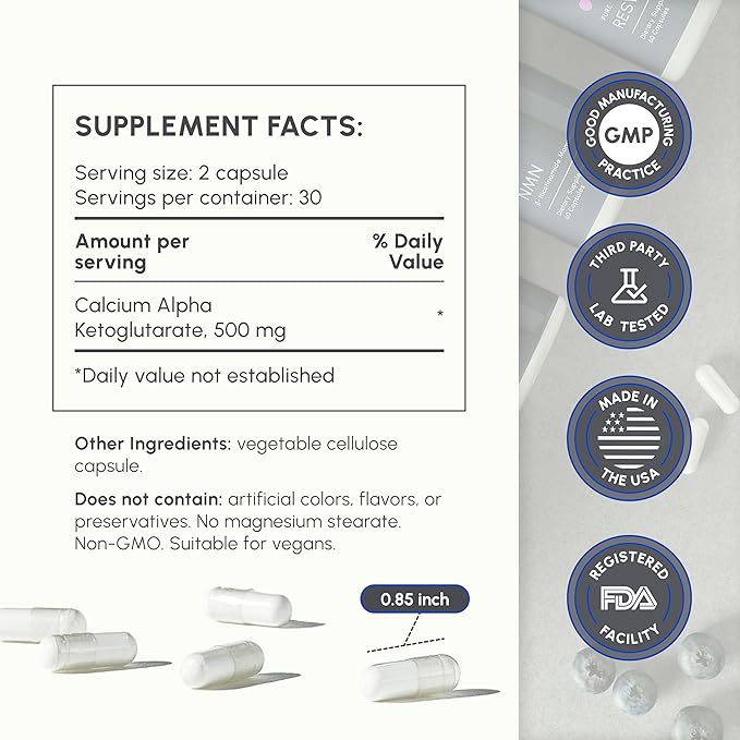 CA AKG Supplement - Pure Alpha Ketoglutarate - Calcium AKG Supplement 1000mg per 2 Capsule Serving - Supports Cellular Energy, and Healthy Aging Process - Made in The USA - 60 Capsules