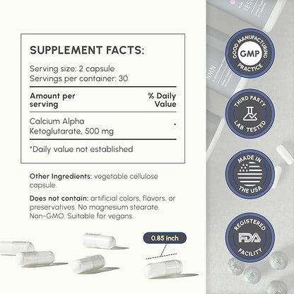 CA AKG Supplement - Pure Alpha Ketoglutarate - Calcium AKG Supplement 1000mg per 2 Capsule Serving - Supports Cellular Energy, and Healthy Aging Process - Made in The USA - 60 Capsules