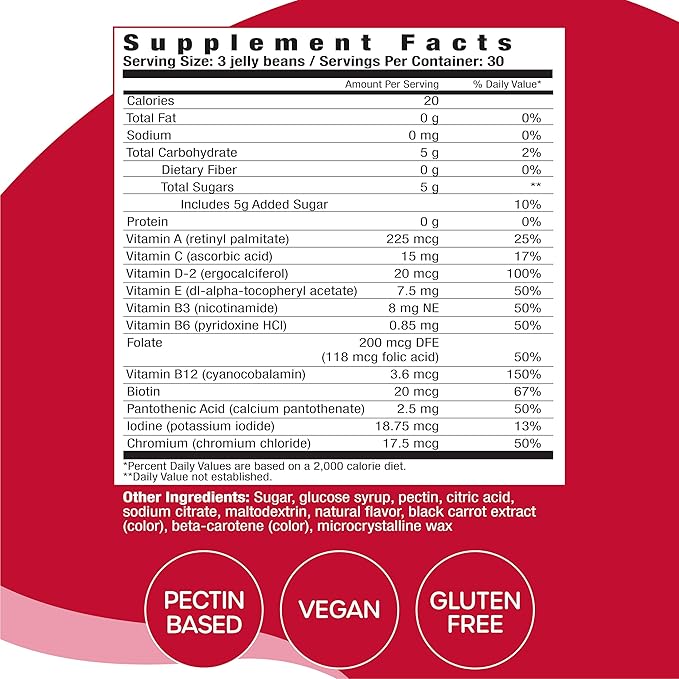 Multivitamin Jelly Beans, Women & Men, Source of Vitamin A C D E B-3 B-6 & Biotin, Supports Immune System, Pectin Based, Vegan & Gluten Free, Strawberry Flavor, 90 Jelly Beans, 30 Servings