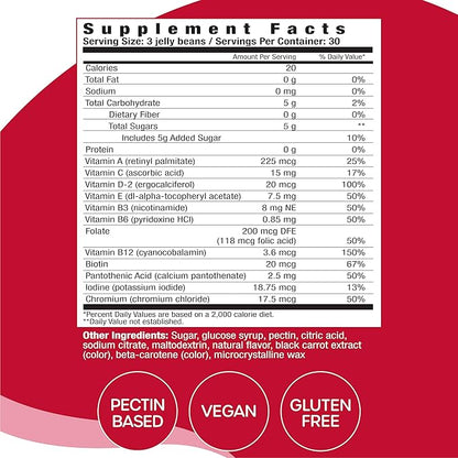 Multivitamin Jelly Beans, Women & Men, Source of Vitamin A C D E B-3 B-6 & Biotin, Supports Immune System, Pectin Based, Vegan & Gluten Free, Strawberry Flavor, 90 Jelly Beans, 30 Servings