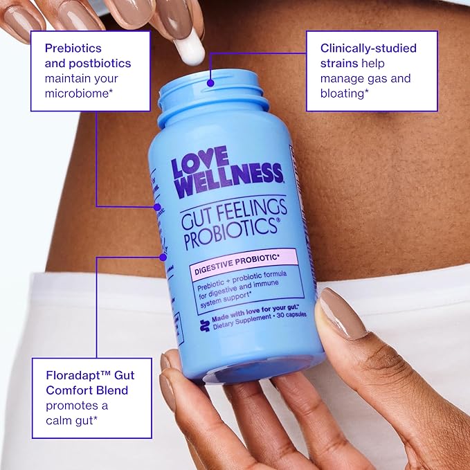 Love Wellness Gut Feelings Probiotic | Gut Health for Women, Digestion Relief & Immune Support Supplement | Womens Probiotic for Gas Relief | 3 Billion CFU | Safe Prebiotic and Postbiotic | 30 Count