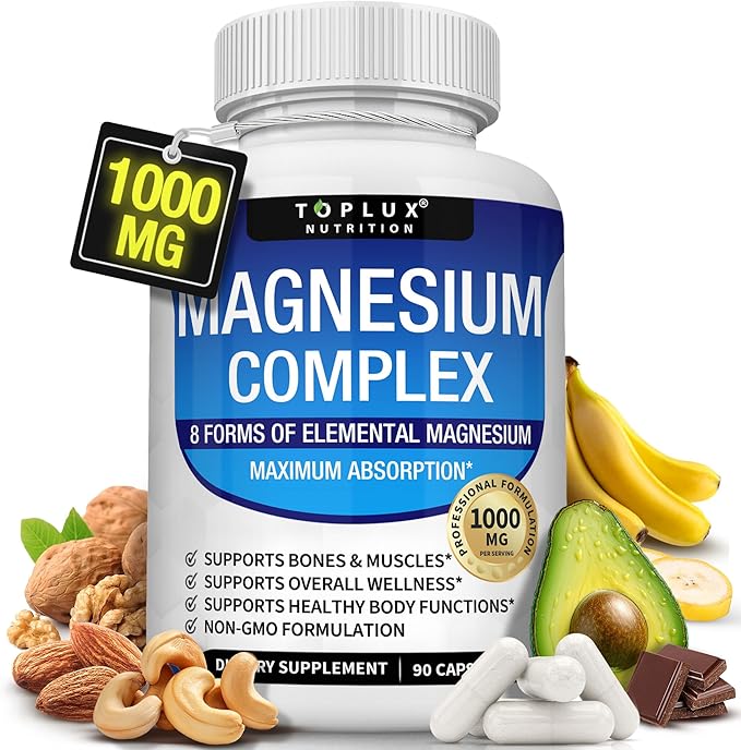 Magnesium Complex Supplement 8 Elemental Magnesium 1000mg - Magnesium Glycinate, Citrate, Malate, Taurate, Chelated for Easy Absorption for Bones, Muscle, Recovery, Energy, Vegan Non-GMO 90 Capsules