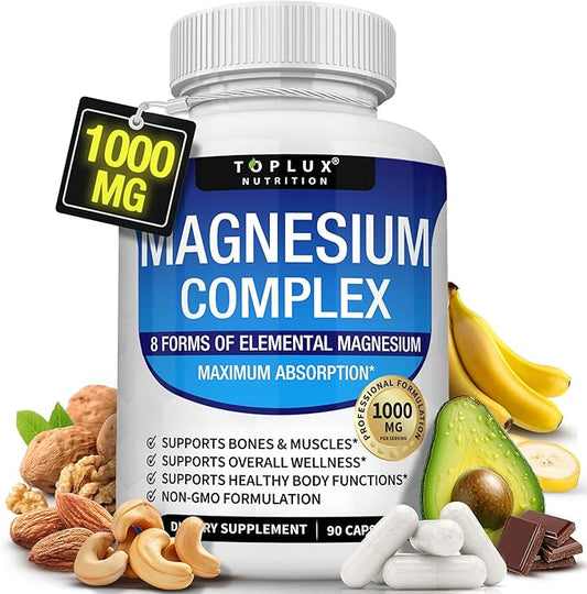 Magnesium Complex Supplement 8 Elemental Magnesium 1000mg - Magnesium Glycinate, Citrate, Malate, Taurate, Chelated for Easy Absorption for Bones, Muscle, Recovery, Energy, Vegan Non-GMO 90 Capsules
