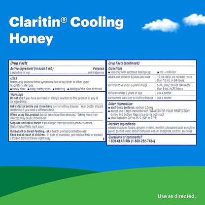 Claritin New Cooling Honey Flavored Liquid, 24hr Non-Drowsy Allergy Medicine for Adults — Instantly Soothing Liquid for Relief of Sneezing, Runny Nose, Watery Eyes and Itchy Throat 8 oz