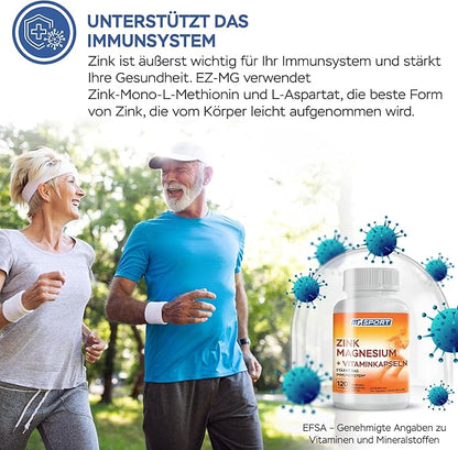 Magnesium Zinc Supplement with Vitamins B6, B9, High Absorption Zinc Magnesium Combination for Immune Support, Muscle Recovery, EZ-MG Easy on Stomach, 120 Capsules