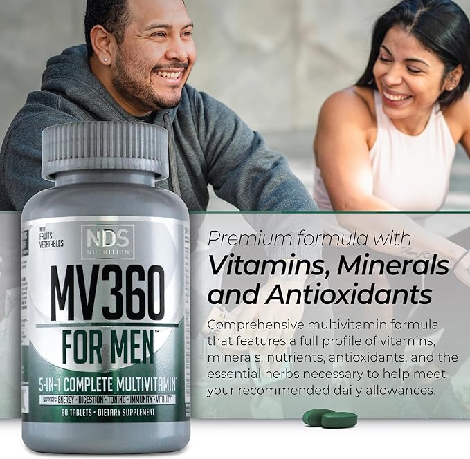NDS Nutrition MV360 For Men, 5-in-1 Complete Multivitamin for Men with Essential Mens Vitamins for Energy, Digestion, Toning, Immune Support, and Mens Health & Vitality, 60 Tablets, 30 Servings