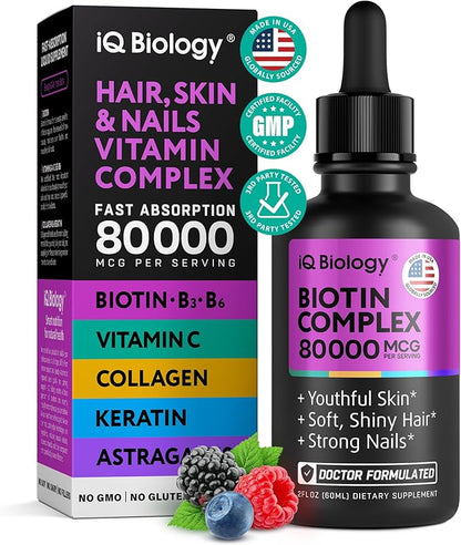 Liquid Biotin 5000mcg Drops – 80,000mcg Hair Growth Vitamins Complex with Astragalus, Collagen & Keratin | Made in the USA | Extra Strength Hair Skin and Nails Vitamins - Hair Vitamins for Women & Men