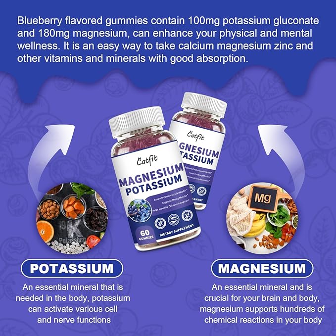 Potassium Magnesium Supplement Gummies,Magnesium Glycinate 500mg,Potassium Gluconate 99mg,Triple Magnesium Complex 1700mg,Calcium,Zinc,Vitamin D3 for Leg Cramps,Sleep,Immunity & Energy,120 Ct