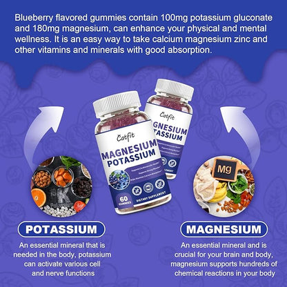 Potassium Magnesium Supplement Gummies,Magnesium Glycinate 500mg,Potassium Gluconate 99mg,Triple Magnesium Complex 1700mg,Calcium,Zinc,Vitamin D3 for Leg Cramps,Sleep,Immunity & Energy,120 Ct