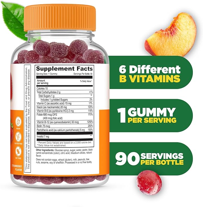 Lifeable Vitamin B Complex Gummies for Adults | with Vitamin C | Great Tasting Vitamin B Gummies | for Energy and Nerve System | Vegan B Complex Vitamins for Women, Men | 90 Gummies