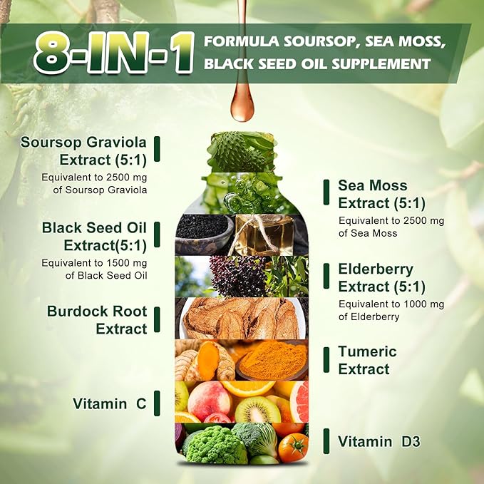 Soursop Bitters Liquid Drops, Soursop Graviola Multivitamin Drops with Sea Moss Black Seed oil Supplement - Soursop Fruit Supports Relax & Antioxidant, Slowing Cell-Aging, Immunity, Liver Health