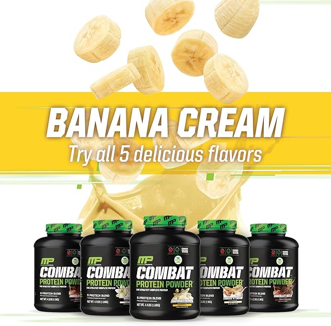 MusclePharm Combat Protein Powder, Banana Cream Flavor, Fuels Muscles for Productive Workouts, 5 Protein Sources including Whey Protein Isolate & Egg Albumin, Gluten Free, 4 lb, 52 Servings