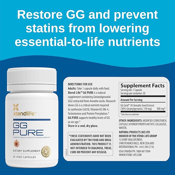 Xtendlife GG Pure - Geranylgeraniol (GG) Cardio Health and Healthy Aging- Helps Prevent Statins from Lowering CoQ10, 30 Capsules (1 Month Supply)