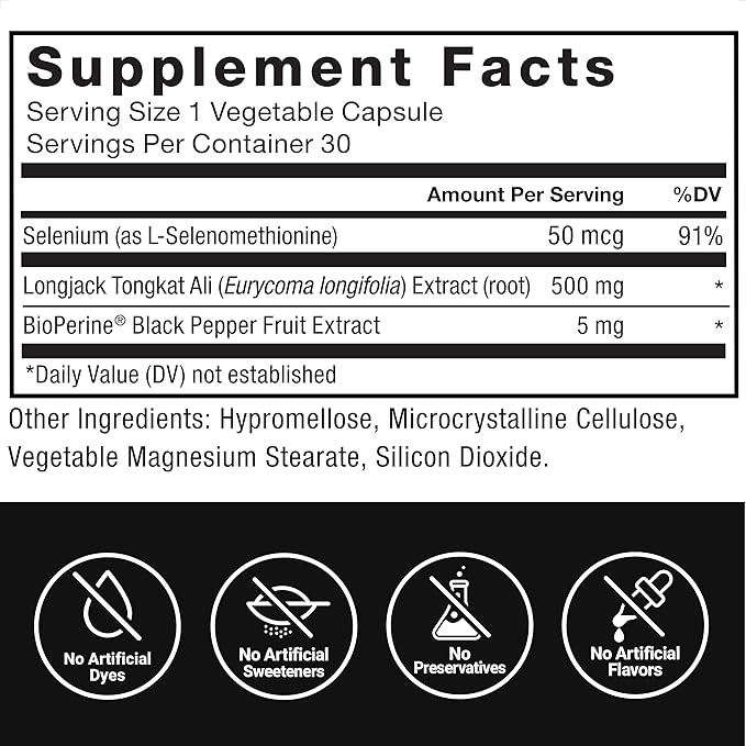 FORCE FACTOR Longjack Tongkat Ali 500mg for Men’s Hormones, Promote Male Energy, Vitality & Drive, Support Muscle & Strength, Longjack Capsules with BioPerine Black Pepper Extract, 30 Capsules
