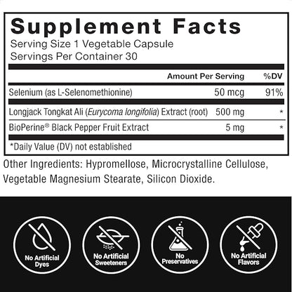 FORCE FACTOR Longjack Tongkat Ali 500mg for Men’s Hormones, Promote Male Energy, Vitality & Drive, Support Muscle & Strength, Longjack Capsules with BioPerine Black Pepper Extract, 30 Capsules