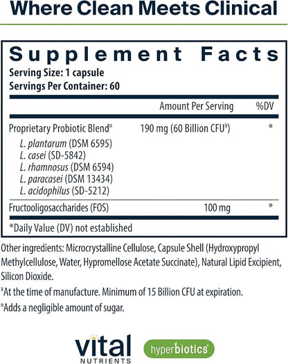 Hyperbiotics Vital Nutrients Prebiotic + Probiotic 60 Billion CFU (Prev. Pre+Pro 60B) | High-Potency Immune & Upper Respiratory Probiotic | Reduce Gas & Bloating | Shelf-Stable | Vegan | 30 Capsules