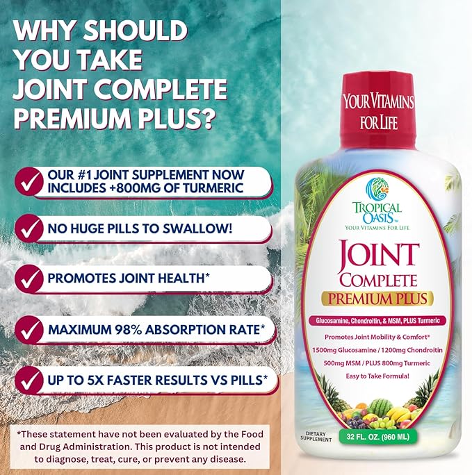 Joint Complete Premium Premium Plus - Liquid Joint Supplement w/Glucosamine, Chondroitin, MSM Plus 800mg Turmeric – 98% Max Absorption – 32oz, 32 serv