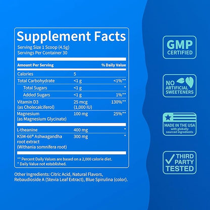 Nello Supercalm Powdered Drink Mix, Blue Coconut, L Theanine, Ksm-66 Ashwagandha, Magnesium Glycinate, Vitamin D 3, Supplements for Relaxation & Focus, No Sugar, Non GMO, Vegan, On The Go, 30 Srvgs