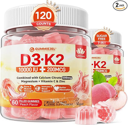 2Pack Sugar-Free Vitamin D3 K2 Filled Gummies 5000IU / 10,000 IU with 500mg Calcium + K2 (MK-7) 200mcg, Magnesium Citrate, Vitamin C, Extra Strength - Ultimate Absorption for Bone Muscle Teeth Immune