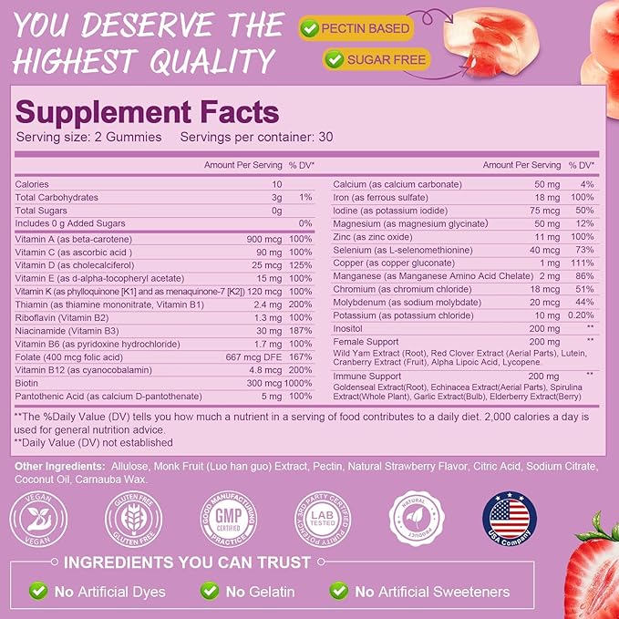 Sugar Free Multivitamin Gummies for Women 14+ w/Inositol, Iron, Folate, Biotin, Calcium, Zinc & More Complex for Women, 60 Gummies