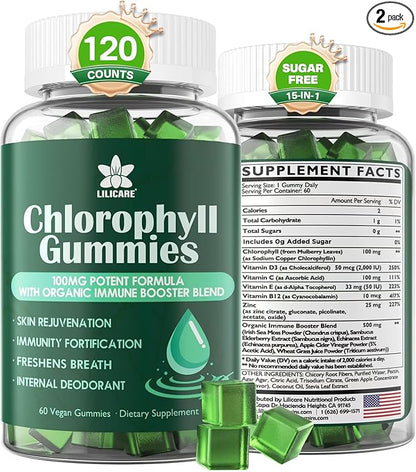 Sugar Free Chlorophyll Gummies - with Unfiltered ACV, Sea Moss & Elderberry, Echinacea, Vitamin D3, C, E, B12 - Natural Deodorant, Breathe Fresh, Immune & Digestion Support, Chlorophyll Chews 2Pack