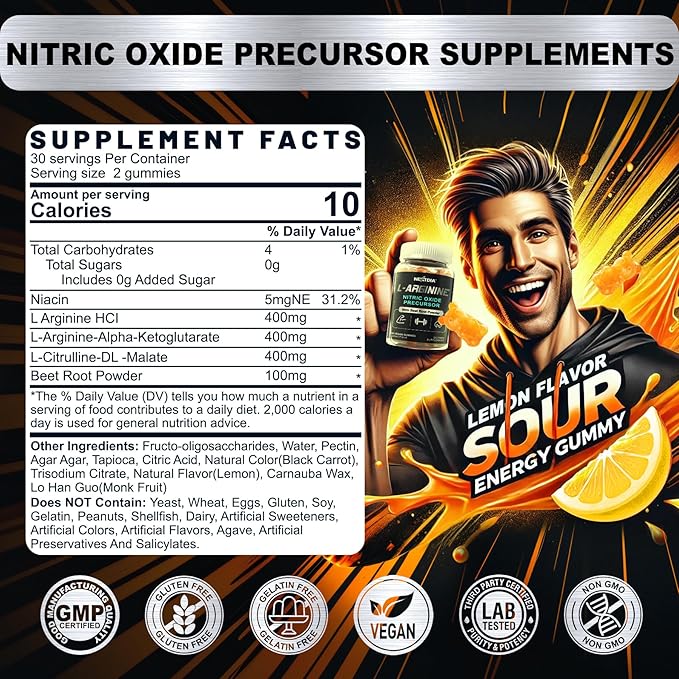 Sugar Free L Arginine Nitric Oxide Gummies 1300mg for Men & Women with L Citrulline, Beet Root, B3 | L Arginine L Citrulline Supplements for Performance, Muscle Growth & Recovery | Vegan, 60 Counts