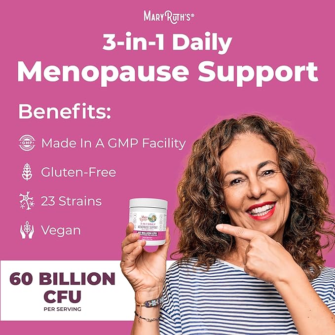 MaryRuth Organics 3-in-1 Menopause Probiotics for Women | Clinically Tested | Menopause Supplement for Women | Hormonal Support & Estrogen Supplement for Women| 60 Billion CFU | Allergen Free | 0.5 oz