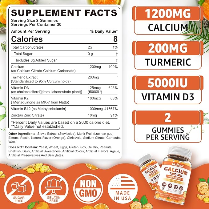Calcium Gummies with Turmeric for Women & Men - Calcium 1200mg with Vitamin D3 K2 B12 5000 IU & Zinc, Suger-Free Calcium Supplement for Bone, Joint Strength & Immune Support - Vegan(120 Count)