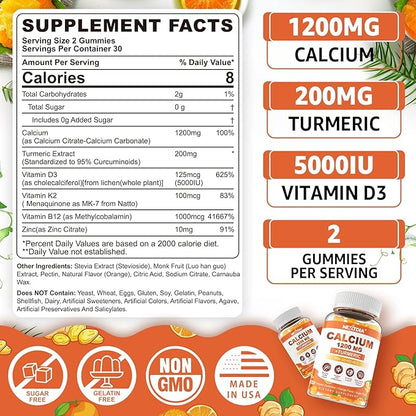 Calcium Gummies with Turmeric for Women & Men - Calcium 1200mg with Vitamin D3 K2 B12 5000 IU & Zinc, Suger-Free Calcium Supplement for Bone, Joint Strength & Immune Support - Vegan(120 Count)