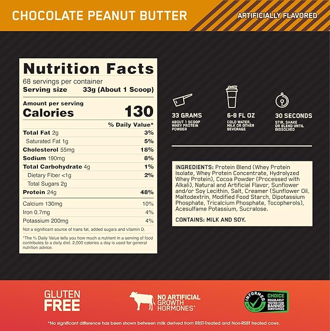 Optimum Nutrition Gold Standard 100% Whey Protein Powder, Chocolate Peanut Butter, 5 Pound (Packaging May Vary)