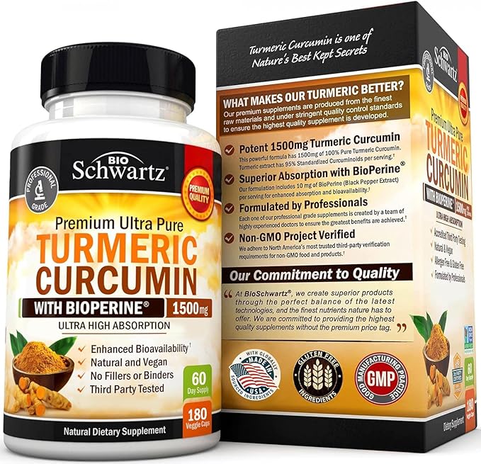 Turmeric Curcumin with Black Pepper Extract 1500mg - High Absorption Ultra Potent Turmeric Supplement with 95% Curcuminoids and BioPerine - Non GMO Turmeric Capsules for Joint Support - 180 Capsules