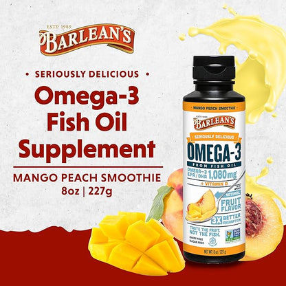Barlean's Mango Peach Omega 3 Fish Oil Liquid Supplement with Vitamin D, 1080mg EPA & DHA Fatty Acid, Smoothie Flavored & Burpless for Brain, Joint, & Heart Health, 8 oz