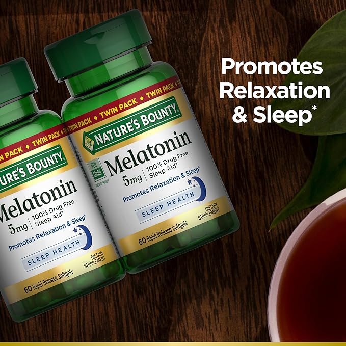 Nature's Bounty Melatonin 5mg, 100% Drug Free Sleep Aid, Dietary Supplement for Relaxation and Sleep Health - 4 Month Supply, 60 Rapid Release Softgels Twin Pack (120ct)