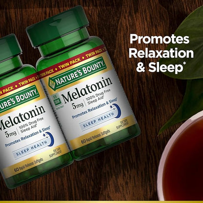 Nature's Bounty Melatonin 5mg, 100% Drug Free Sleep Aid, Dietary Supplement for Relaxation and Sleep Health - 4 Month Supply, 60 Rapid Release Softgels Twin Pack (120ct)