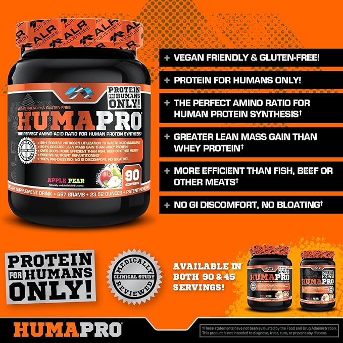 Humapro | Amino Acids Protein Matrix for Humans | 99% Utilization for Lean Muscle | Vegan, Gluten Free | 667g / 90 Servings (Apple Pear)
