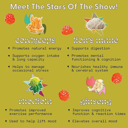 SuperMush Energy Mushroom Gummies - Organic Lions Mane Supplement with Cordyceps, Rhodiola, L-Theanine, Maca - Vegan & Sugar-Free - Energy, Focus, Stamina, Stress Reduction - 60 Gummies (30 Servings)