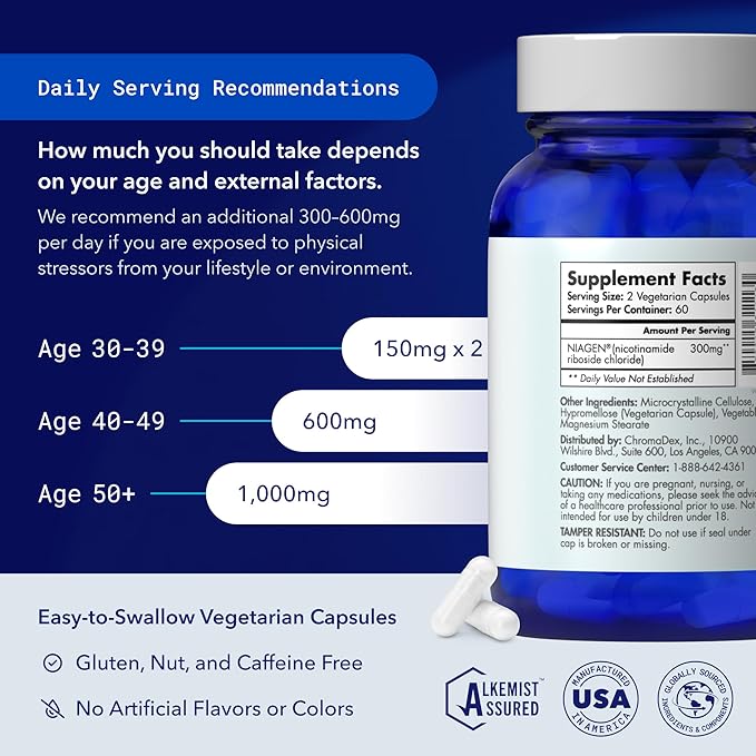 TRU NIAGEN Patented NAD+ Supplement for Anti Aging and Cell Regeneration, Niagen, 60 300 mg Servings | Supports Cellular Energy, Brain, Muscle | Nicotinamide Riboside (NR) Take 2 Daily | 1 Bottle