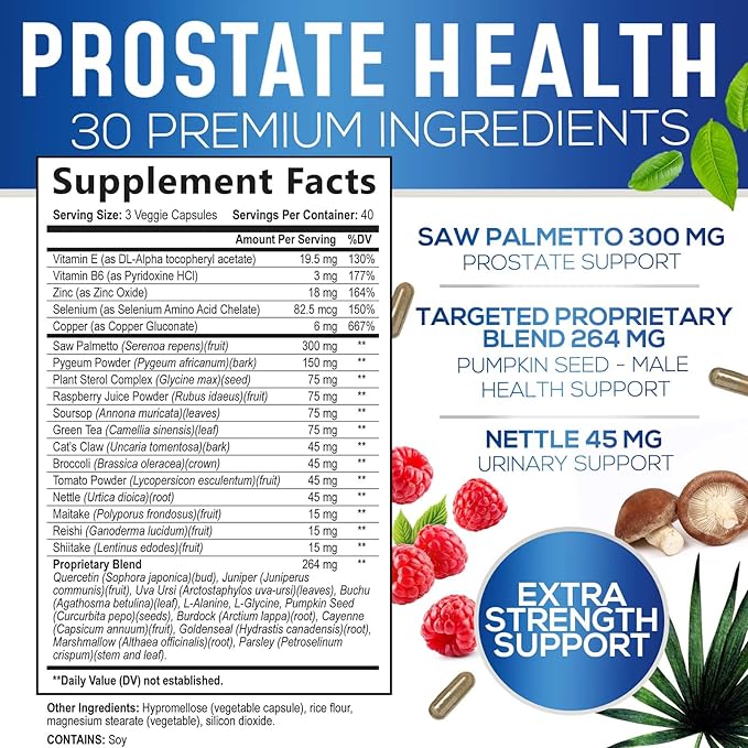 Prostate Men Supplement - Support Complex Formula with Saw Palmetto, Beta Sitosterol, Stinging Nettle, Pygeum, Pumpkin Seed, Zinc, Vitamin B6 E - Supports Prostate & Urinary Health - 120 Capsules