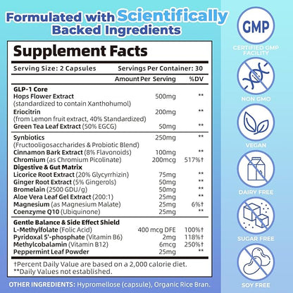 GLP-1 Supplement Support, with Naturally GLP-1 Supplement Probiotic, Hops & Green Tea Extract, GLP 1 Supplement for Gut, Energy