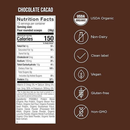 Possible Protein Powder Chocolate Cacao - 20g of Vegan, Plant-Based Protein Mix - Non-GMO, Non-Dairy, Gluten-Free - 3.5g of BCAAs - 9 Essential Amino Acids - 30-Day Supply - 2 Bag, 30 Servings