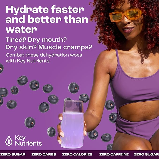 KEY NUTRIENTS Multivitamin Electrolytes Powder Packets - Delicious Acai Berry 20 Pack Hydration Packets - Travel Hydration Powder - No Sugar, No Calories, Gluten Free - Made in USA