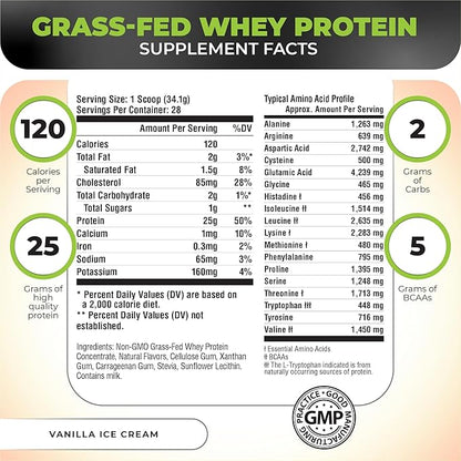 Nutrology Grass Fed Whey Protein Powder, Vanilla Ice Cream Flavor, Supports Lean Muscle Recovery & Performance, Cold Processed Grass Fed Whey and Amino Acid Powder, Shake, Blend or Bake, 28 Servings