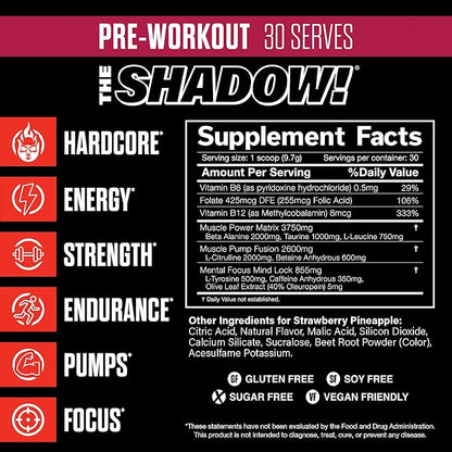 JNX SPORTS The Shadow! 350mg of Caffeine Hard Core Preworkout - Strawberry Pineapple 30 Servings | Electric Energy, Mental Focus & Superhuman Strength for Men & Women