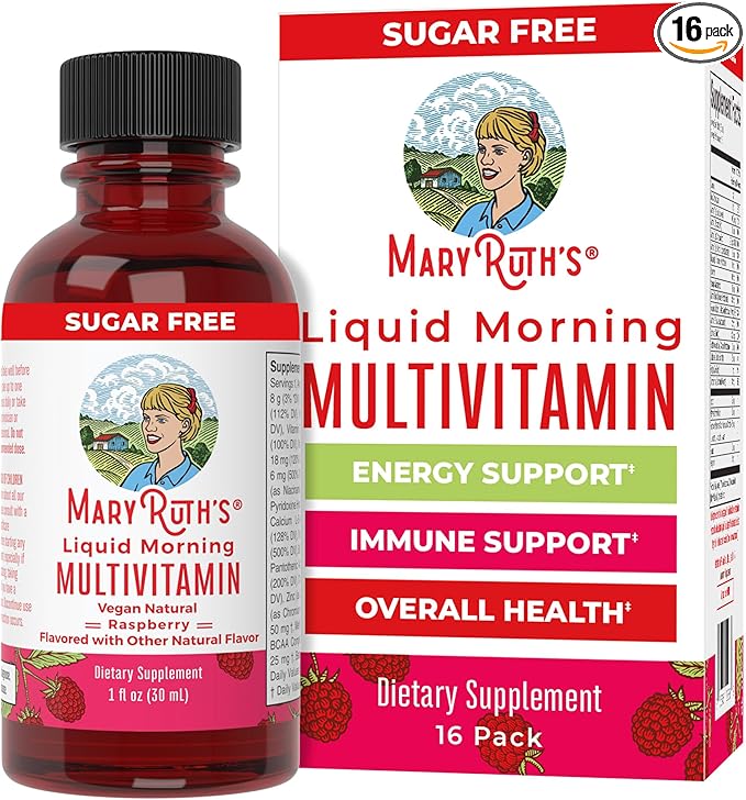 MaryRuth Organics Multivitamin for Women Men & Kids No Added Sugar | Morning Raspberry | Liquid Vitamins for Adults & Kids | Mens | Womens Multivitamin | Energy & Beauty Booster | 16-1 Fl Oz Bottles