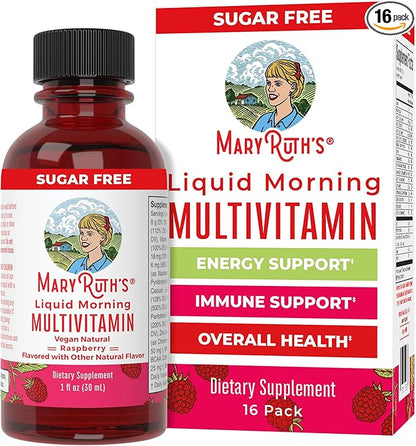 MaryRuth Organics Multivitamin for Women Men & Kids No Added Sugar | Morning Raspberry | Liquid Vitamins for Adults & Kids | Mens | Womens Multivitamin | Energy & Beauty Booster | 16-1 Fl Oz Bottles