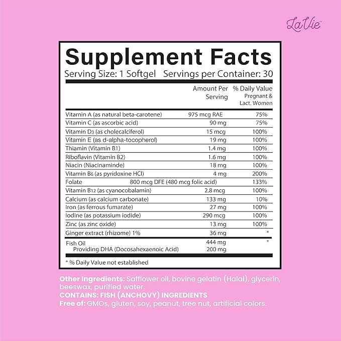 LaVie Prenatal Vitamins with Ginger, DHA, Folic Acid, & Iron - Pregnancy Must Haves for Baby's Brain & Body Development - Non-GMO, Gluten-Free Prenatals for Women (1 Month Supply)